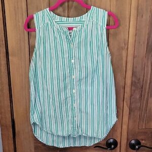 LOFT Green and White Striped Button Down Sleeveless Shirt